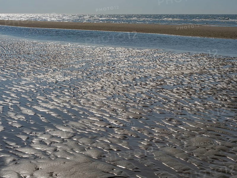 Beach with wavy sand surface and glittering water in front of a wide sea, glittering sea water at low tide on the beach, de haan, belgium