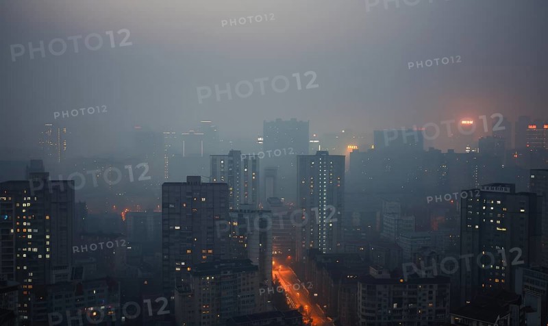Urban landscape shrouded in smog with tall buildings barely visible AI generated
