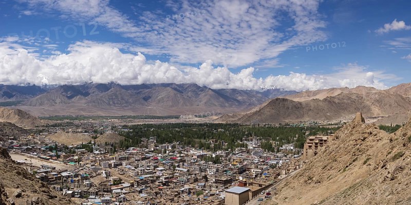 Panorama over Leh and the Indus Valley to Stok Kangri, 6153m, Ladakh, Jammu and Kashmir, India, Asia