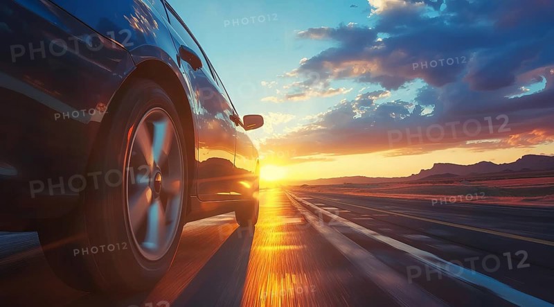 Low angle view of a modern luxury car on a road trip with a sunset in the background, AI generated