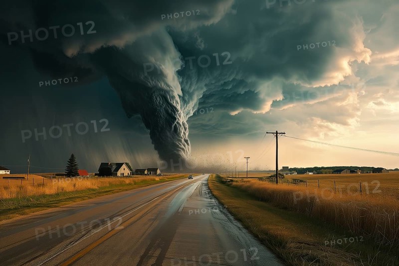 Disaster catastrophe storm concept, tornado in a field in the USA with wooden house and road under stormy dark sky, AI generated