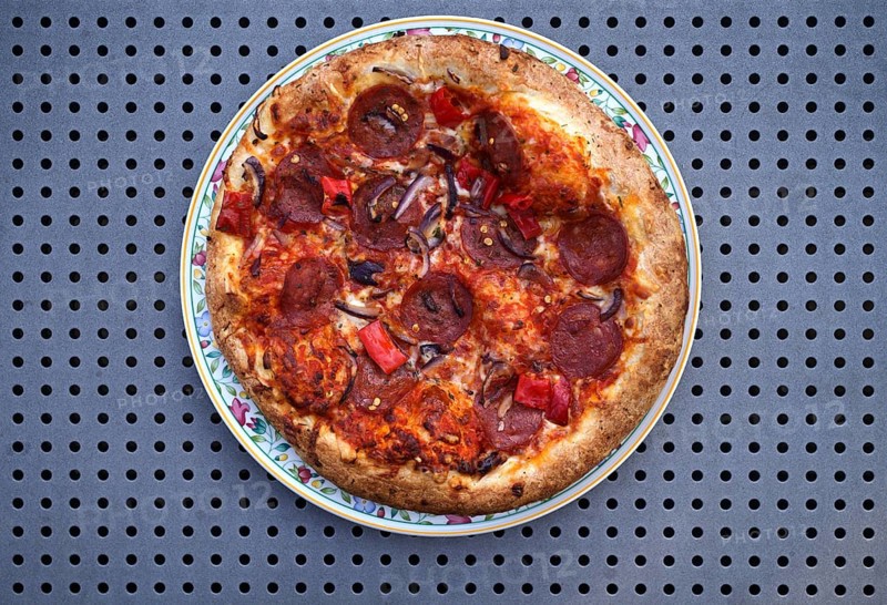 Pizza Diavolo, tomatoes, pepperoni, paprika, plate, table, from above, Stuttgart Baden-Wuerttemberg, Germany, Europe