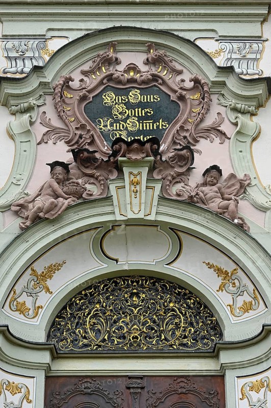 Entrance gate, Basilica of St Alexander and St Theodor, Ottobeuren Monastery, Allgaeu, Swabia, Bavaria, Germany, Europe