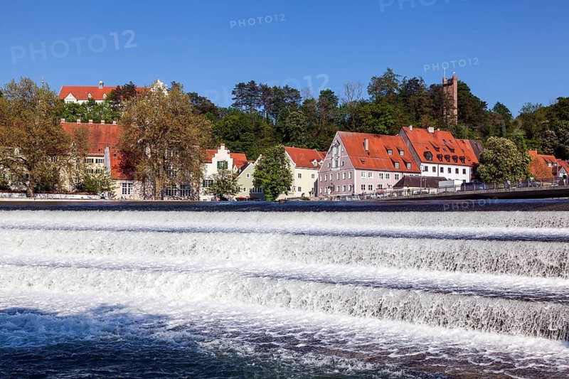 Historic old town centre of Landsberg am Lech, in front of the Lech weir, Upper Bavaria, Bavaria, Germany, Europe