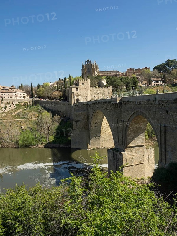 Stone bridge with arches over a river, surrounded by a cityscape and vegetation, sunny weather, historic stone bridge with an old tower and an old town in the background over a wild river, Toledo, Spain, Europe