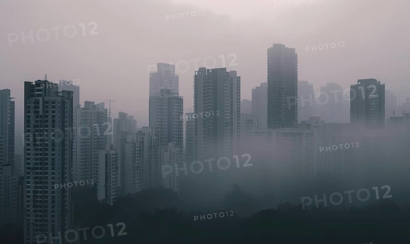 Urban landscape shrouded in smog with tall buildings barely visible AI generated