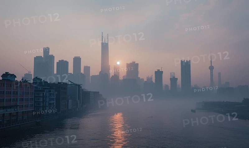 A city skyline obscured by thick smog, Industrial AI generated