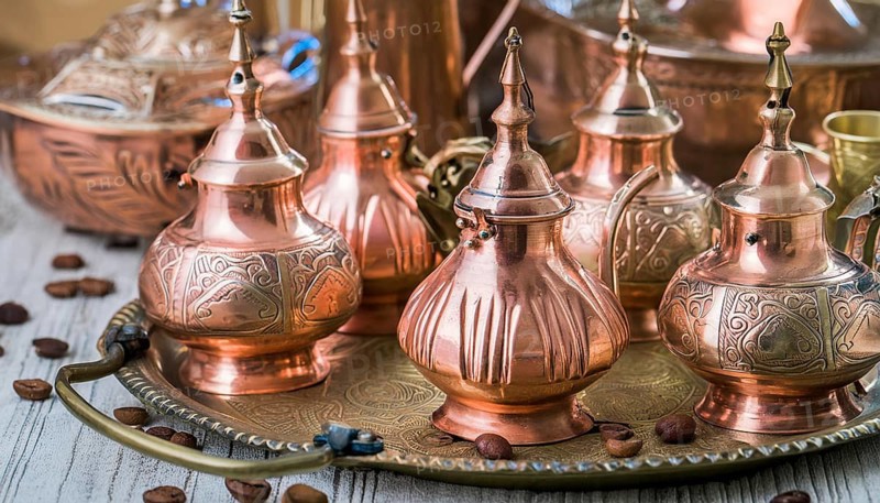 Metal, copper, copper teapots and tea sets, Arabia