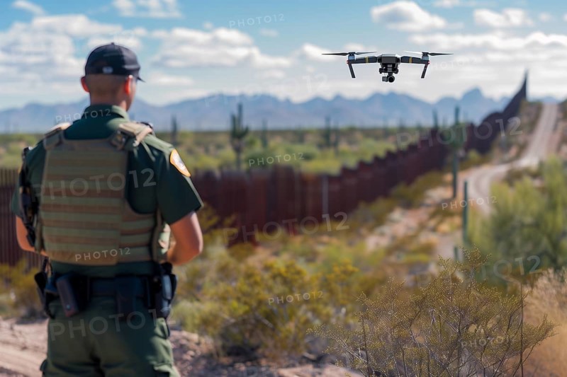 US border patrol agent piloting a drone to monitor border activity between the US and Mexico. AI generated