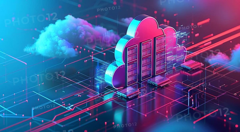 Cloud services concept and server farm supporting SAS cloud applications for enterprise clients, AI generated