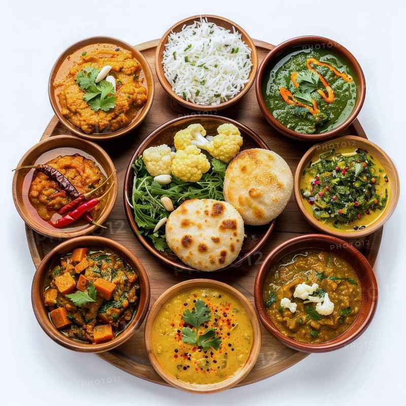 Colorful Indian thali with an assortment of vegetarian dishes, rice, and naan bread, garnished with herbs, AI generated