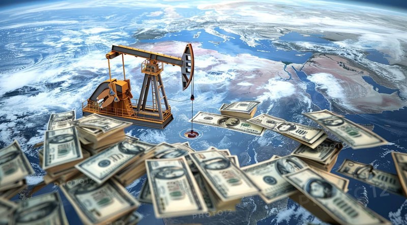 Oil rig pumping money from the earth. Concept of earth resource exploitation and corporate greed, AI generated