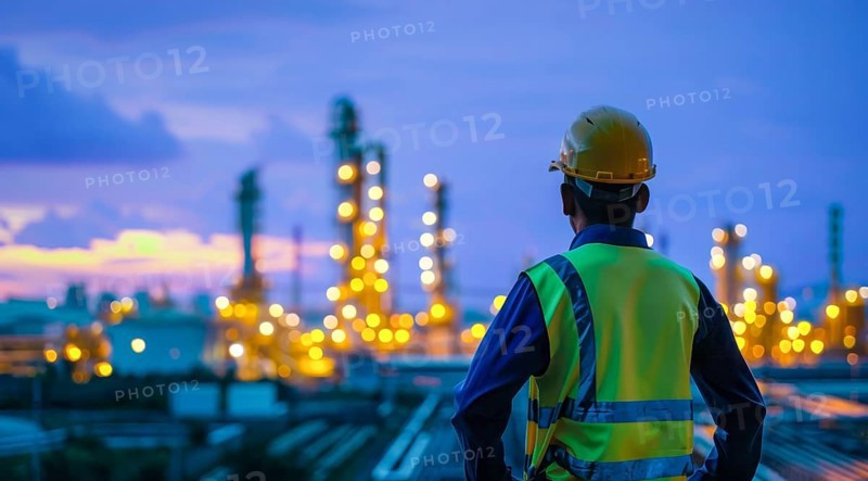 Worker overlooking a large industrial chemical oil refinery plant. Pollution and ecology concept, AI generated