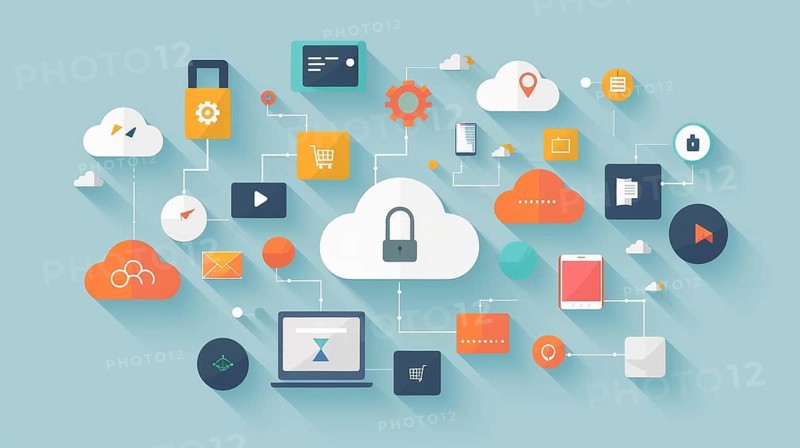 Flat design illustration showing cloud computing technology and network with a focus on data security and storage, AI generated