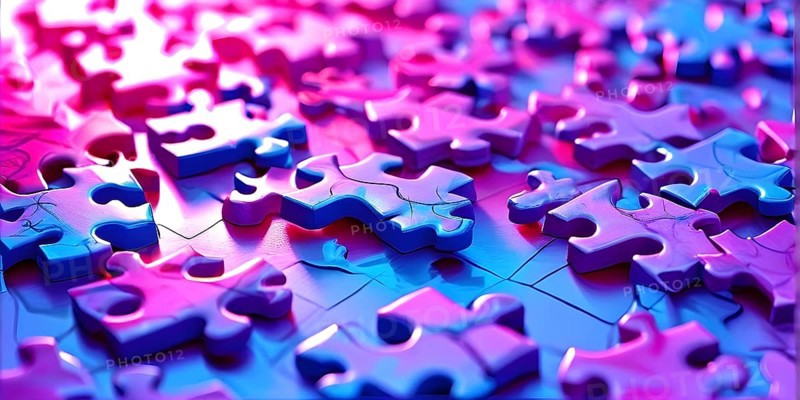 Illustration of scattered magenta and blue puzzle pieces sprawled across as a wallpaper background, AI generated