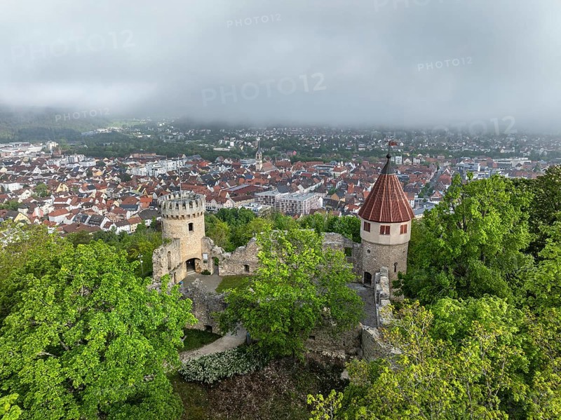 Aerial view of the Honburg castle ruins on the Honberg with the town of Tuttlingen, district of Tuttlingen, Black Forest, Baar, Heuberg, Baden-Wuerttemberg, Germany, Europe
