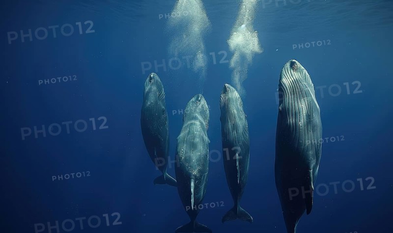 A family of sperm whales diving into the depths of the ocean AI generated