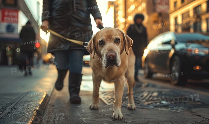 A guide dog leading its owner along a suburban sidewalk AI generated