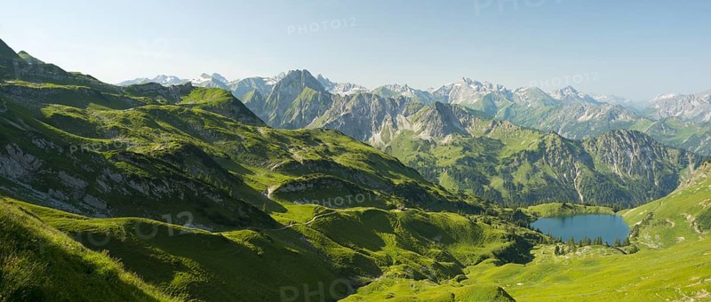 Panorama from Zeigersattel to Seealpsee, on the left behind the Hoefats 2259m, Allgaeu Alps, Allgaeu, Bavaria, Germany, Europe
