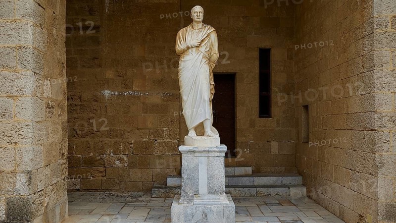Statue of a man in traditional garb stands on a pedestal in an alcove, statue from the 1st century BC, courtyard, Grand Master's Palace, Knights' Town, Rhodes Town, Rhodes, Dodecanese, Greek Islands, Greece, Europe