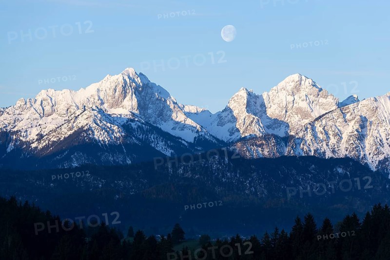Allgaeu Alps, view from Hegratsrieder See, snow, dawn, moon, Allgaeu, Bavaria, Germany, Europe