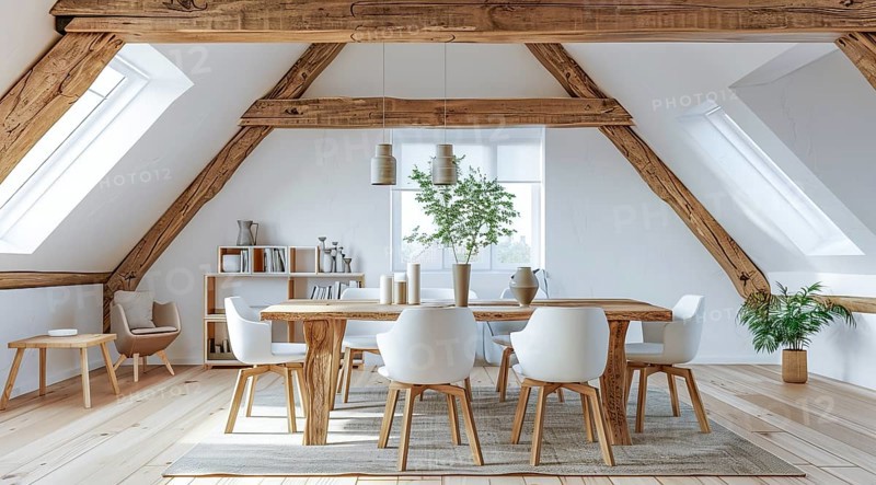 Luxury remodeled and renovated attic with rustic furniture and modern look in a private house, AI generated