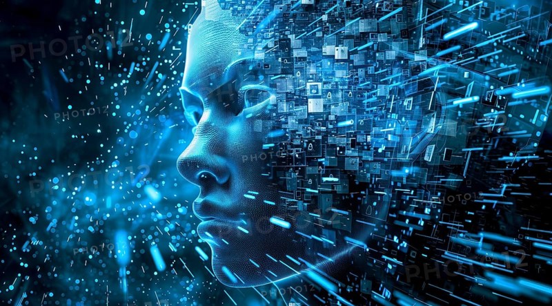 Human beings morphing into code. The concept of cyborg and AI becoming sentient, AI generated