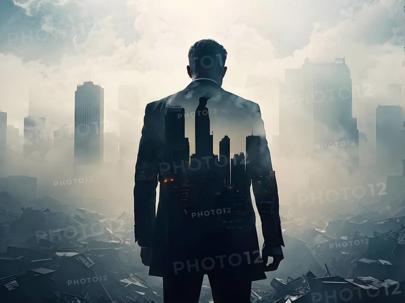 Silhouette of two businessman against a backdrop double exposure that reveals a destroyed cityscape, AI generated