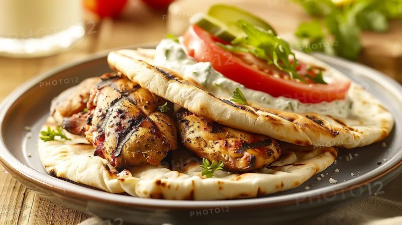Warm-toned image of grilled chicken on flatbread with fresh tomato slice and lettuce, AI generated