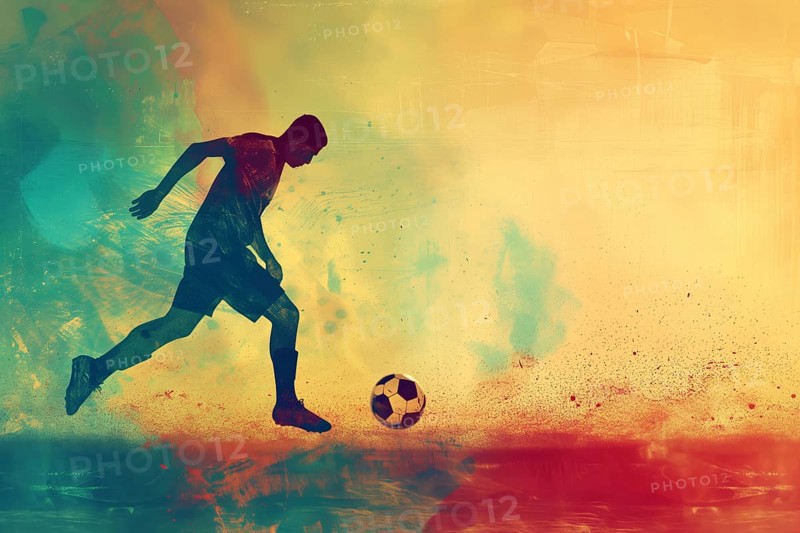 A soccer player dribbles and kicks a soccer ball. Abstract vintage grungy poster style with muted colors, AI generated