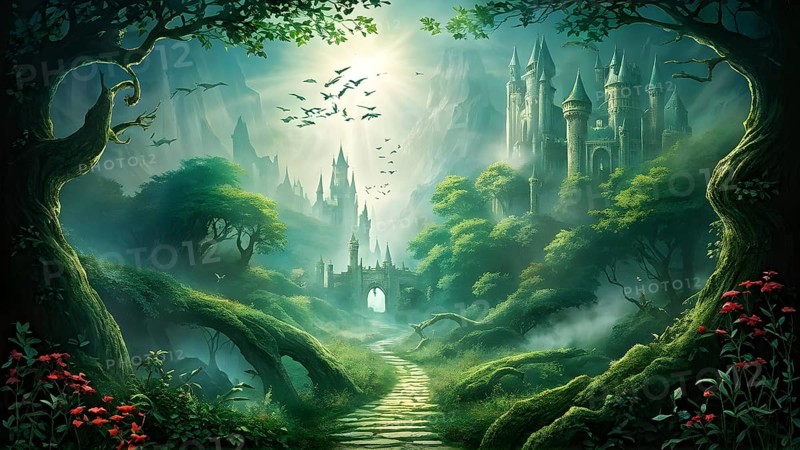 AI generated enchanted forest illustration intertwining trees aglow with magical light