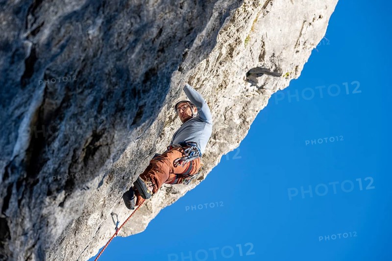 Sport climbing with rope, climber on a rock face, Frauenwasserl climbing garden, Ammergau Alps, Bavaria, Germany, Europe