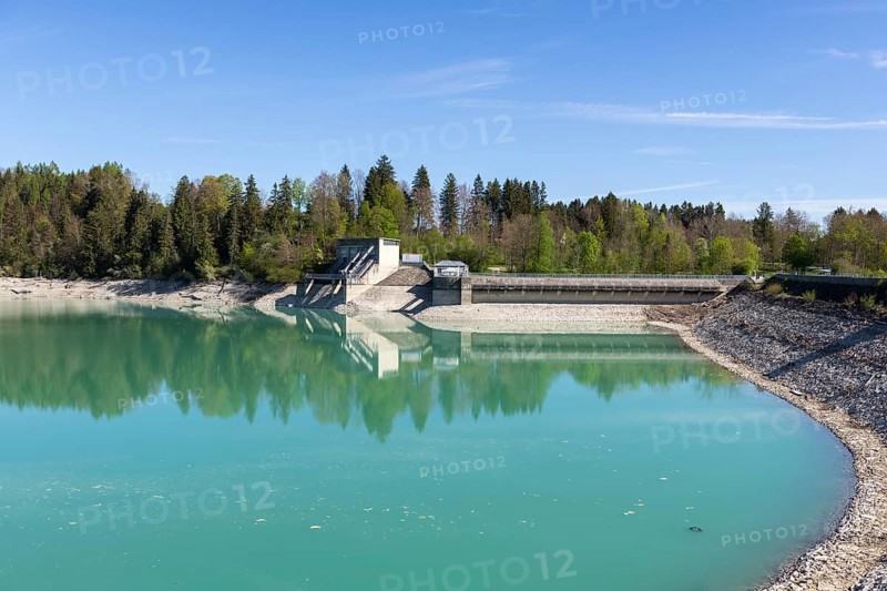 Lech barrage at Forggensee, Lech, power station, head reservoir, flood protection, flood regulation, energy generation, energy storage, Rosshaupten, Ostallgaeu, Allgaeu, Bavaria, Germany, Europe