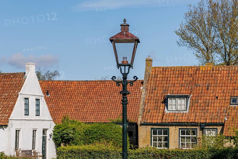 Historic houses with tiled roofs and a street lamp in a village in spring, historic houses in a small village with small streets and trees in spring, Nes, Ameland, Netherlands