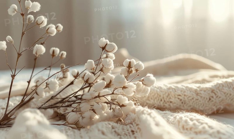 Cotton branch and soft cotton fabric in a soothing neutral tone AI generated