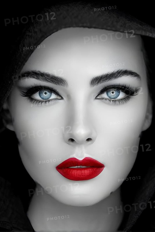 Monochromatic close up fashion portrait with blue eyes and red lips, AI generated
