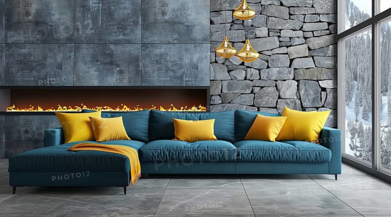 Modern living room in a condo or loft with modern trendy furniture, AI generated