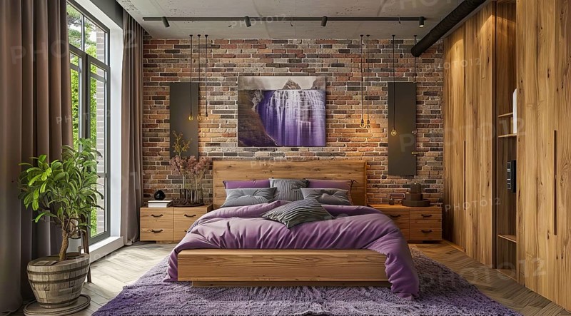 Modern bedroom in a condo or loft with modern trendy furniture. Large and bright space, AI generated