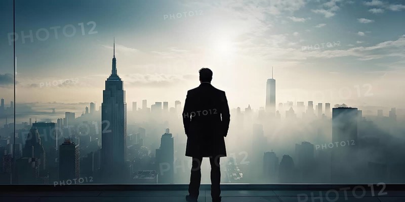 Silhouette of a businessman against a backdrop double exposure that reveals a destroyed cityscape, AI generated