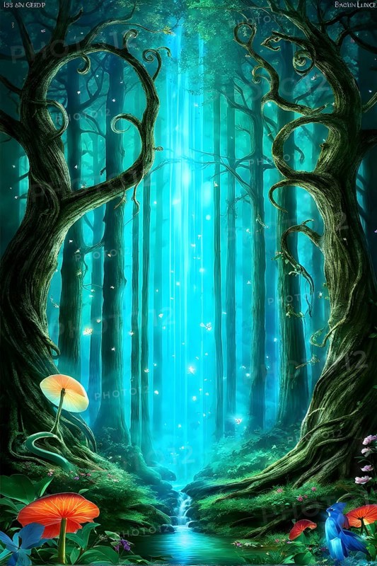 AI generated enchanted forest illustration intertwining trees aglow with magical light
