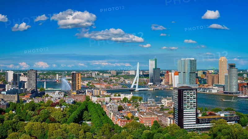 Panorama of Rotterdam city and the Erasmus bridge Erasmusbrug over Nieuwe Maas river from Euromast