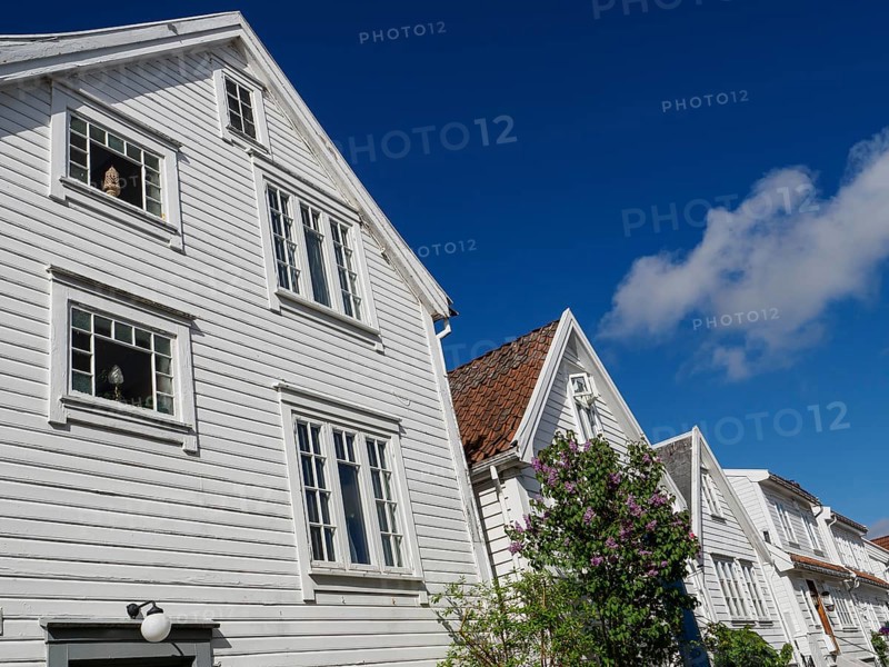 White wooden house with red tiled roof under sunny blue sky, historical architecture, shutters and window frames, white wooden houses with red roof in front of blue sky, trees and white fences along the street, stavanger, norway