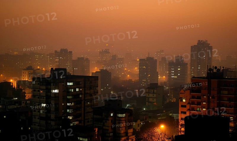 Urban landscape shrouded in smog with tall buildings barely visible AI generated