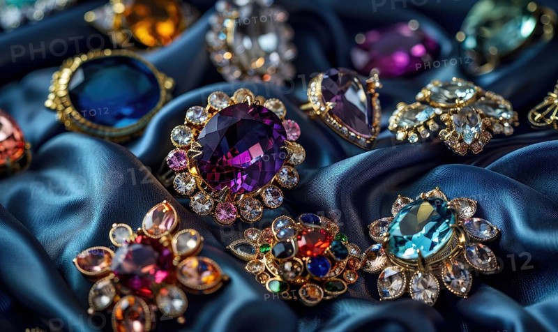 A captivating photograph showcasing a collection of vibrant gemstone brooches arranged on a luxurious satin material background AI generated