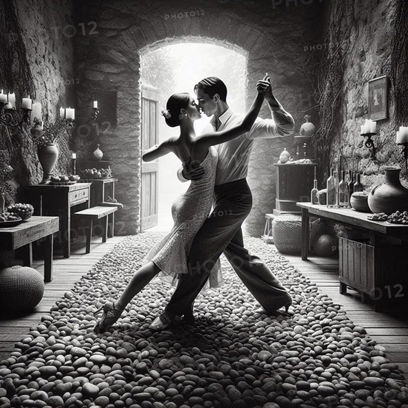 A couple dances the tango in a rustic, elegant room filled with cobblestones, wine bottles, and vases, AI generated