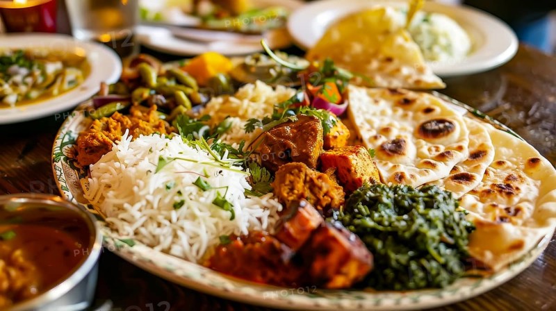 A selection of Indian dishes including curry, rice, and naan bread, showcasing vibrant colors and spices, AI generated
