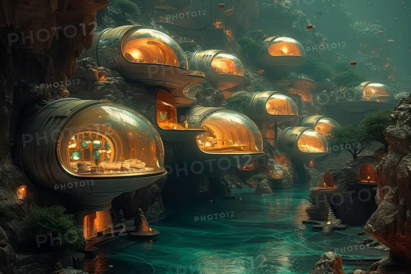 Futuristic underwater habitat with glowing structures and bubbles creating a serene ambience, AI Generated, AI generated