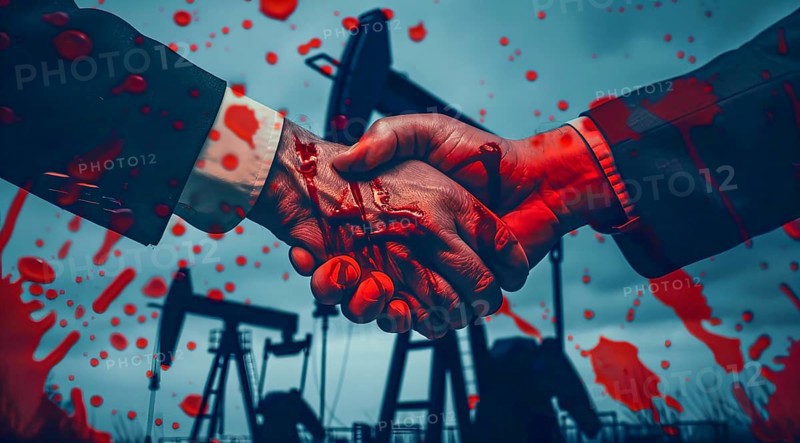 Two men shaking hands with red blood on their hands. Concept of corporate greed and oil industry, AI generated