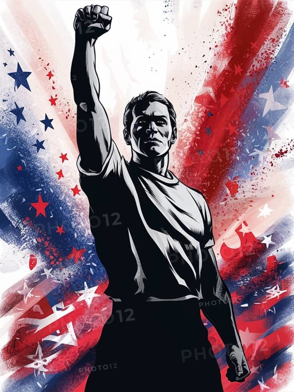 A determined man raises his fist amidst a vibrant red, white, and blue background with stars in a patriotic style, ai generated, AI generated