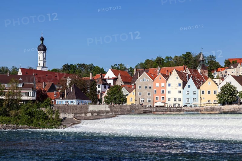 Historic old town centre of Landsberg am Lech, in front of the Lech weir, Upper Bavaria, Bavaria, Germany, Europe